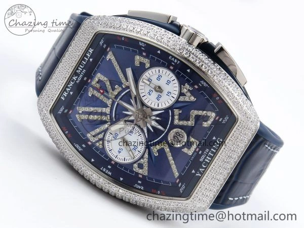 Vanguard Chrono SS Diamonds ABF 1:1 Best Edition Blue Textured Dial on Blue Leather Strap A7750