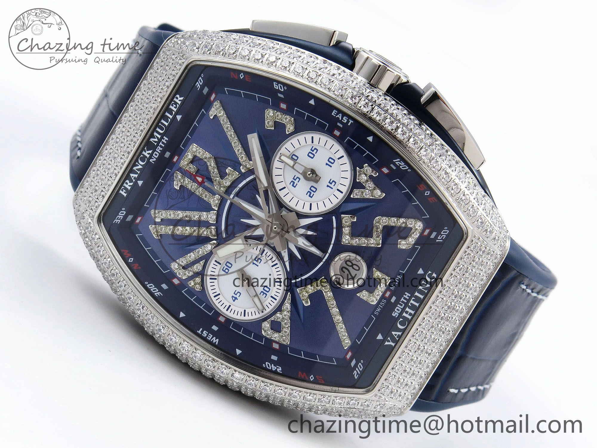 Vanguard Chrono SS Diamonds ABF 1:1 Best Edition Blue Textured Dial on Blue Leather Strap A7750