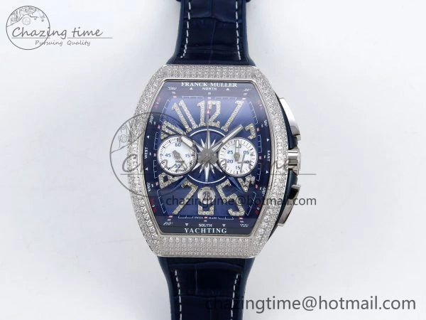 Vanguard Chrono SS Diamonds ABF 1:1 Best Edition Blue Textured Dial on Blue Leather Strap A7750