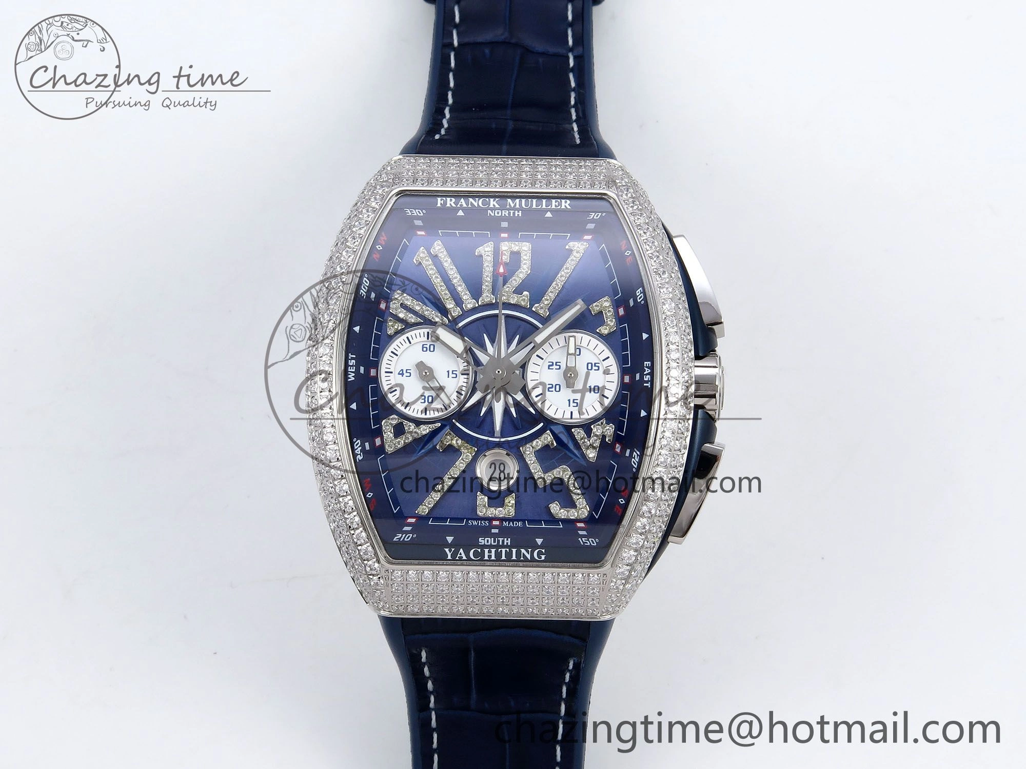 Vanguard Chrono SS Diamonds ABF 1:1 Best Edition Blue Textured Dial on Blue Leather Strap A7750