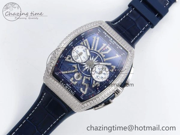Vanguard Chrono SS Diamonds ABF 1:1 Best Edition Blue Textured Dial on Blue Leather Strap A7750