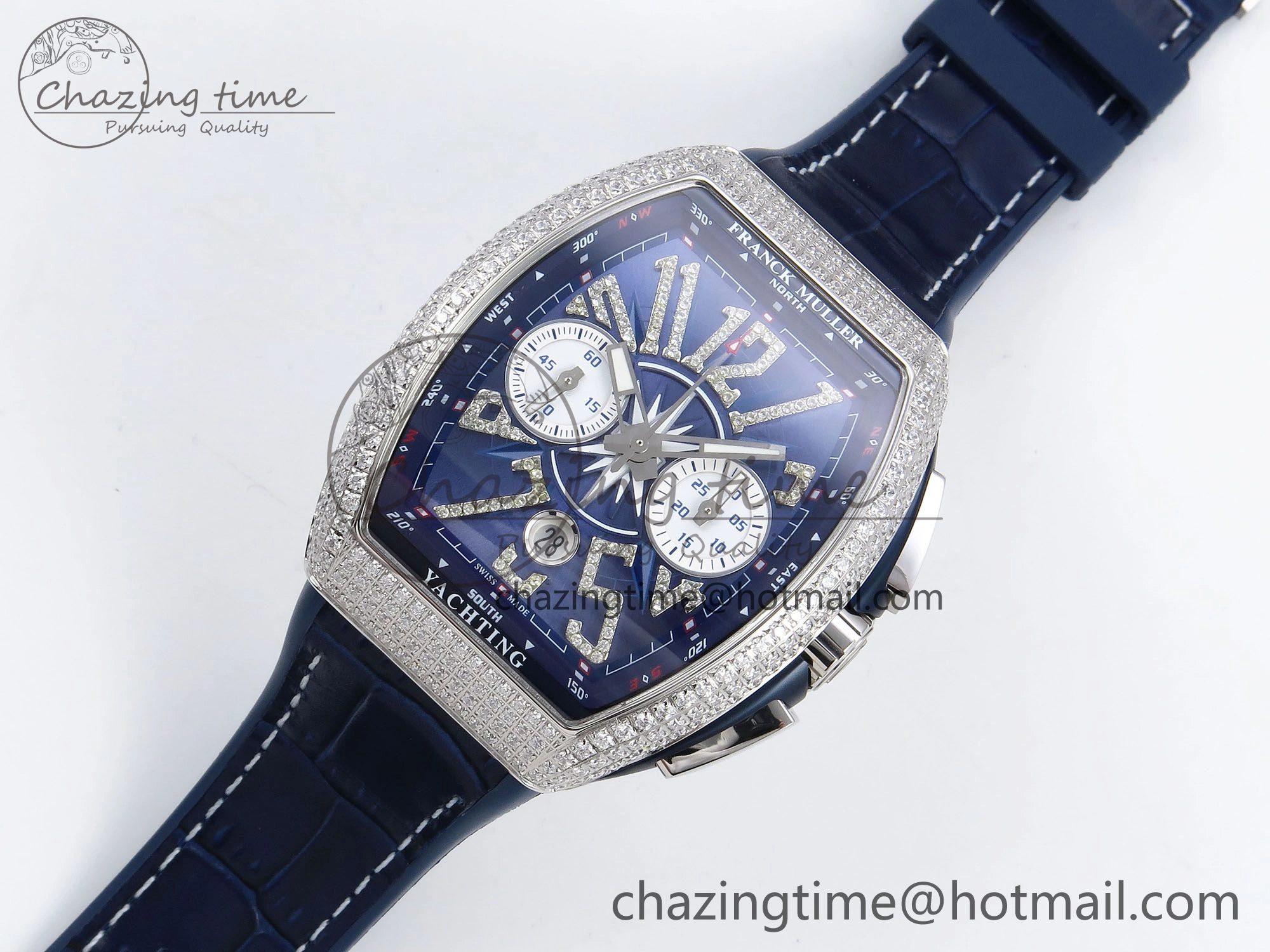 Vanguard Chrono SS Diamonds ABF 1:1 Best Edition Blue Textured Dial on Blue Leather Strap A7750