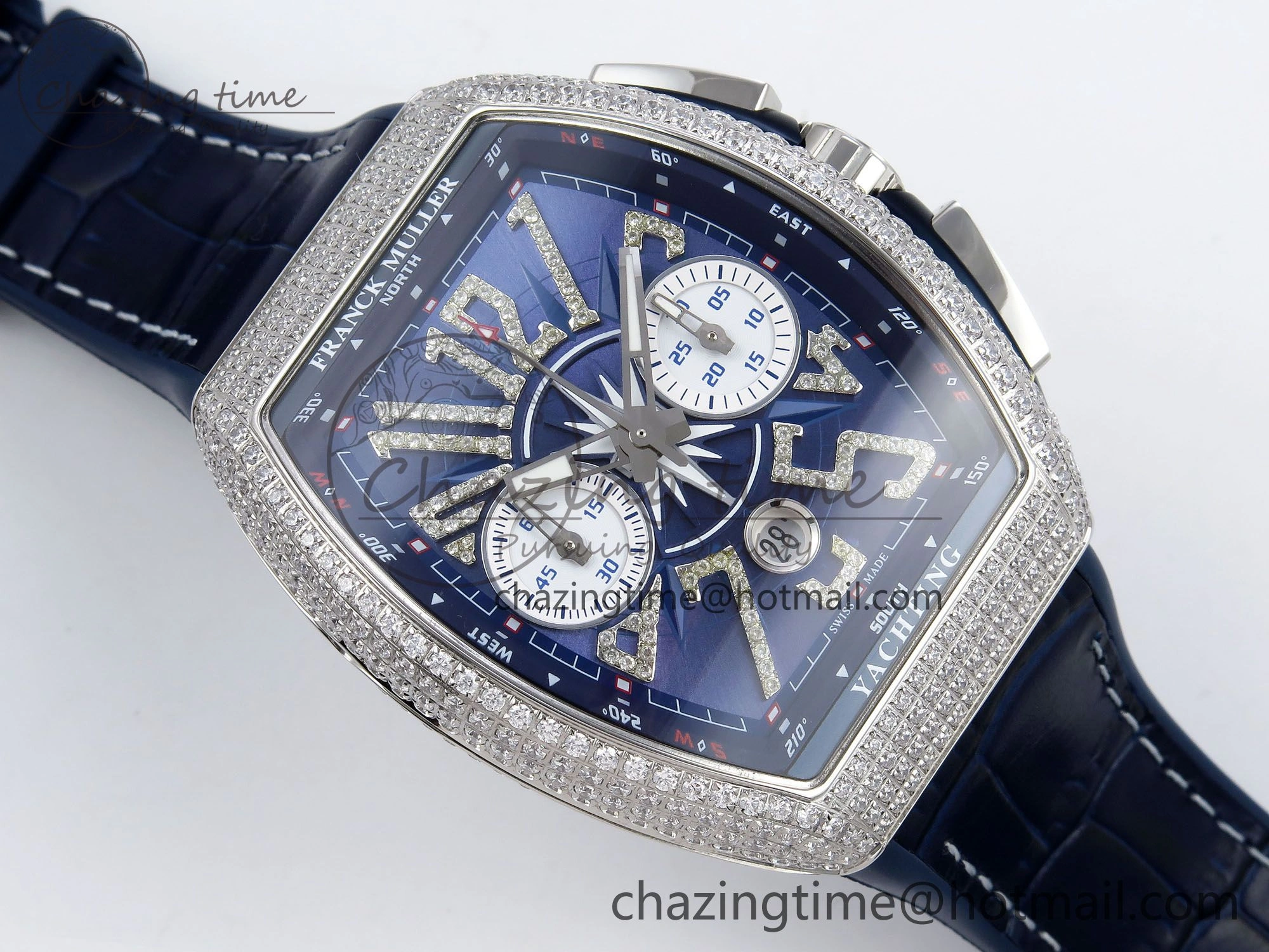 Vanguard Chrono SS Diamonds ABF 1:1 Best Edition Blue Textured Dial on Blue Leather Strap A7750