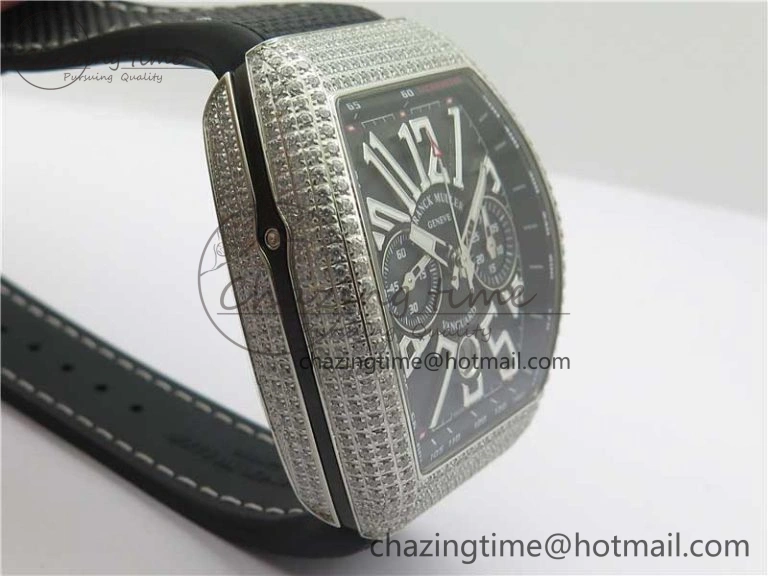 Vanguard V45 Chrono Brushed SS Pave Crystals ABF Best Edition Black Dial on Rubber Strap A7750