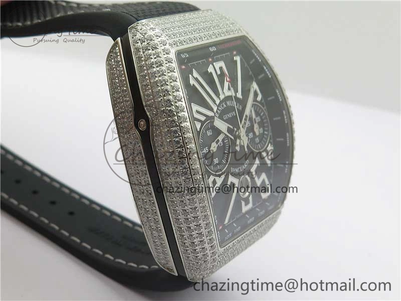 Vanguard V45 Chrono Brushed SS Pave Crystals ABF Best Edition Black Dial on Rubber Strap A7750