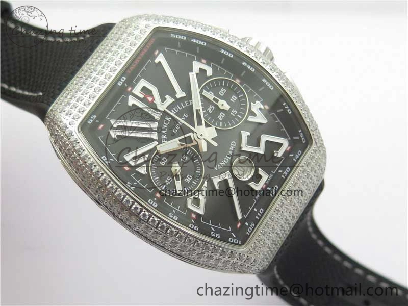 Vanguard V45 Chrono Brushed SS Pave Crystals ABF Best Edition Black Dial on Rubber Strap A7750