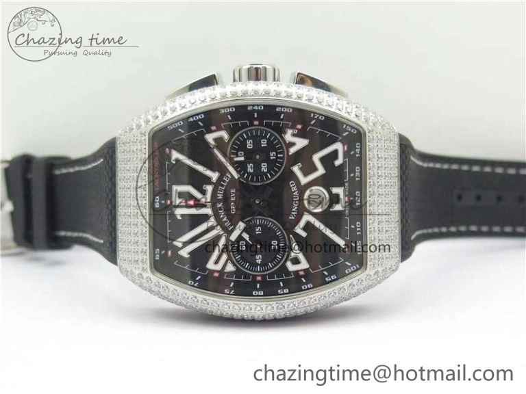 Vanguard V45 Chrono Brushed SS Pave Crystals ABF Best Edition Black Dial on Rubber Strap A7750