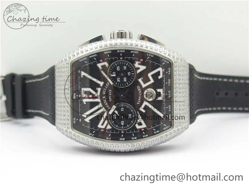 Vanguard V45 Chrono Brushed SS Pave Crystals ABF Best Edition Black Dial on Rubber Strap A7750