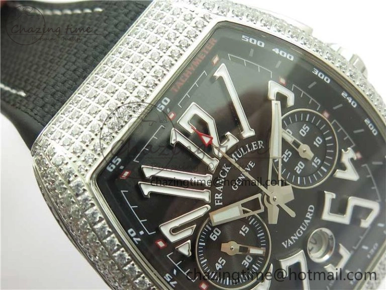Vanguard V45 Chrono Brushed SS Pave Crystals ABF Best Edition Black Dial on Rubber Strap A7750