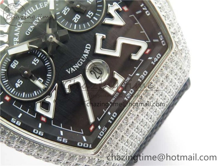 Vanguard V45 Chrono Brushed SS Pave Crystals ABF Best Edition Black Dial on Rubber Strap A7750