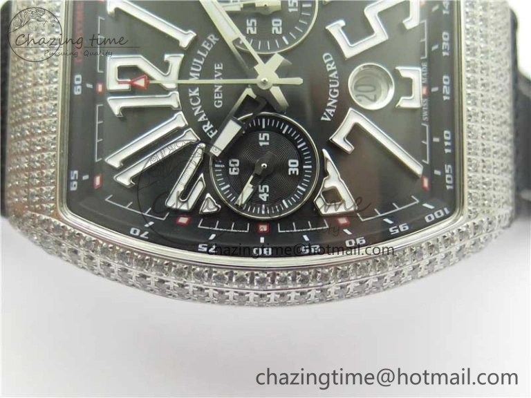 Vanguard V45 Chrono Brushed SS Pave Crystals ABF Best Edition Black Dial on Rubber Strap A7750