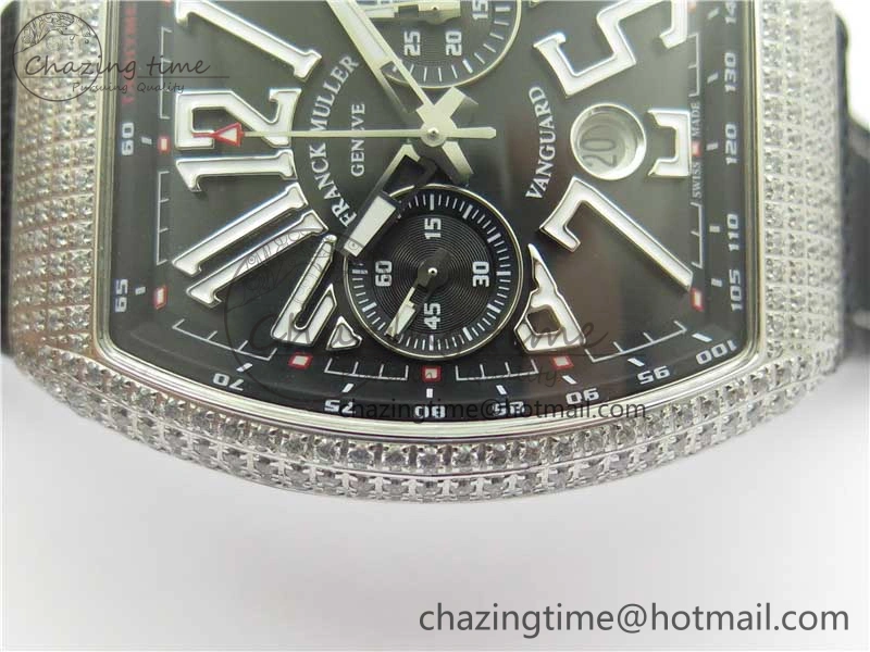 Vanguard V45 Chrono Brushed SS Pave Crystals ABF Best Edition Black Dial on Rubber Strap A7750