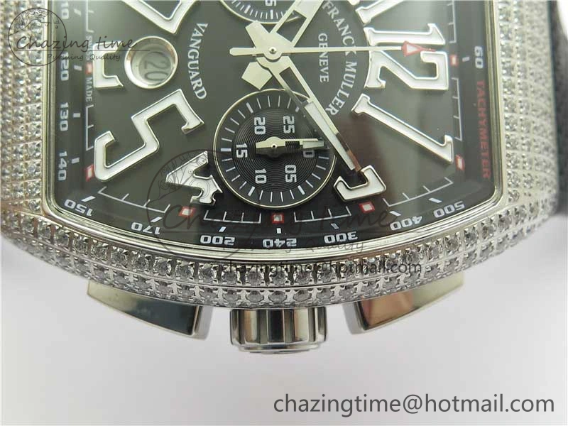 Vanguard V45 Chrono Brushed SS Pave Crystals ABF Best Edition Black Dial on Rubber Strap A7750