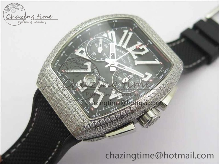 Vanguard V45 Chrono Brushed SS Pave Crystals ABF Best Edition Black Dial on Rubber Strap A7750