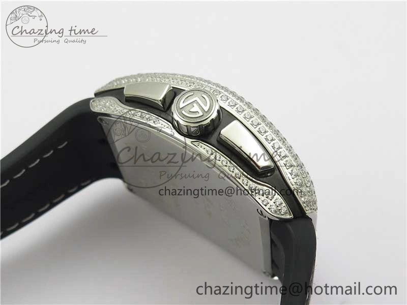 Vanguard V45 Chrono Brushed SS Pave Crystals ABF Best Edition Black Dial on Rubber Strap A7750
