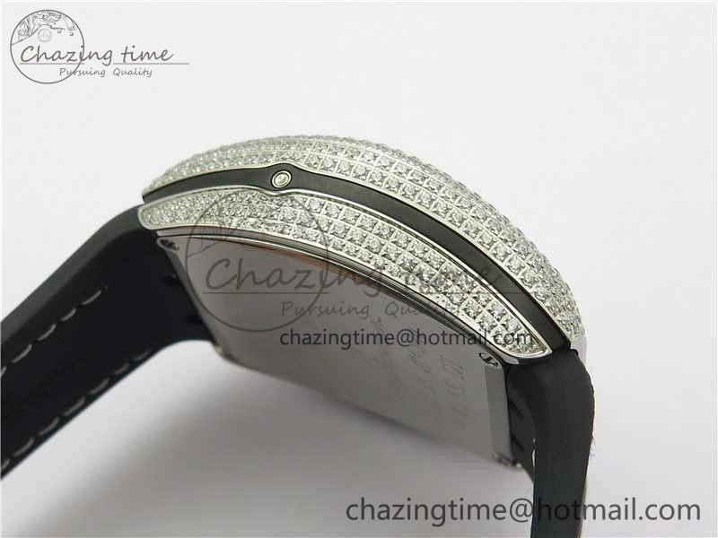 Vanguard V45 Chrono Brushed SS Pave Crystals ABF Best Edition Black Dial on Rubber Strap A7750
