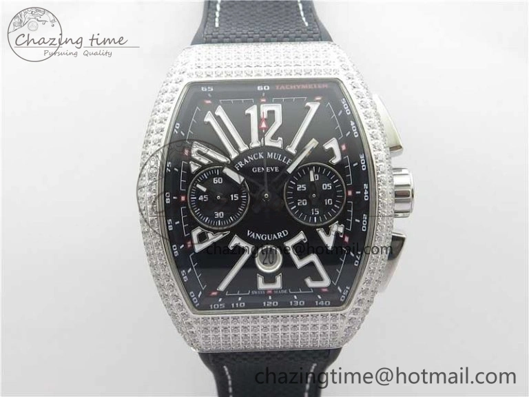 Vanguard V45 Chrono Brushed SS Pave Crystals ABF Best Edition Black Dial on Rubber Strap A7750