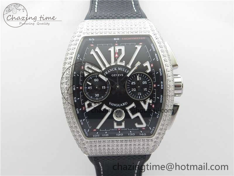 Vanguard V45 Chrono Brushed SS Pave Crystals ABF Best Edition Black Dial on Rubber Strap A7750