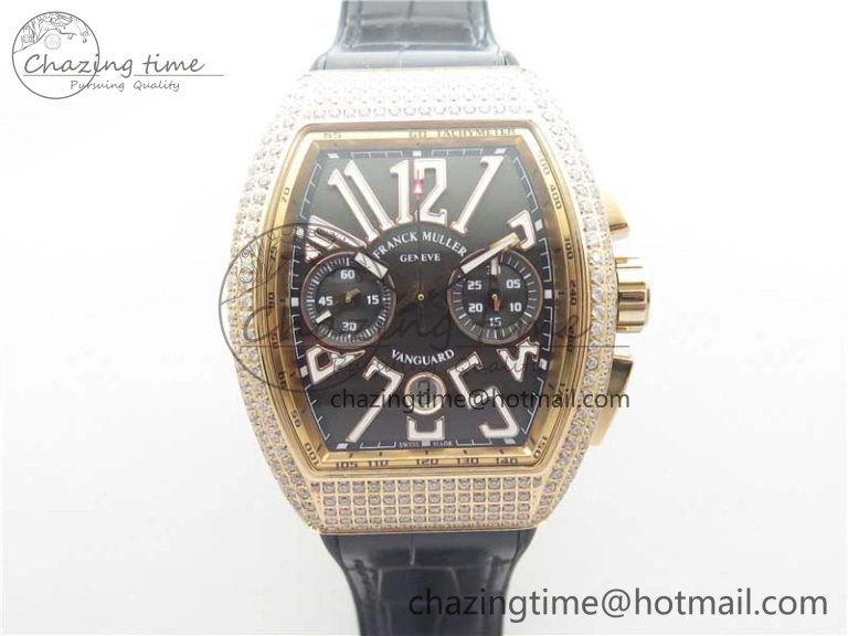 Vanguard V45 Chrono RG Pave Crystals Gold Inner Bezel ABF Best Edition Black Dial on Leather Strap A7750