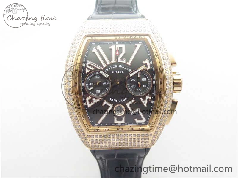 Vanguard V45 Chrono RG Pave Crystals Gold Inner Bezel ABF Best Edition Black Dial on Leather Strap A7750