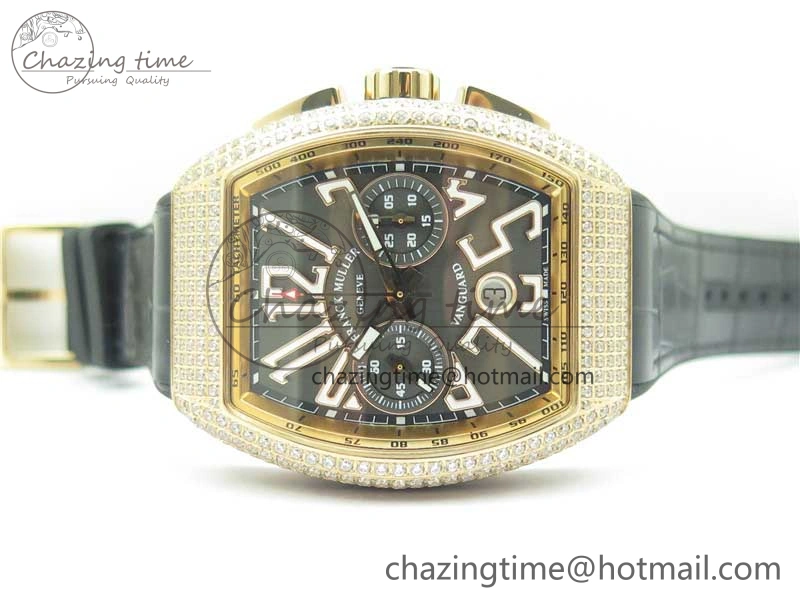 Vanguard V45 Chrono RG Pave Crystals Gold Inner Bezel ABF Best Edition Black Dial on Leather Strap A7750