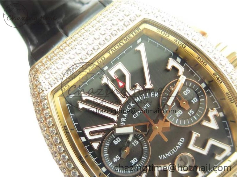 Vanguard V45 Chrono RG Pave Crystals Gold Inner Bezel ABF Best Edition Black Dial on Leather Strap A7750
