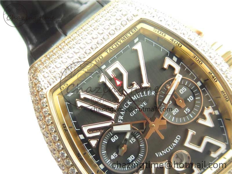 Vanguard V45 Chrono RG Pave Crystals Gold Inner Bezel ABF Best Edition Black Dial on Leather Strap A7750