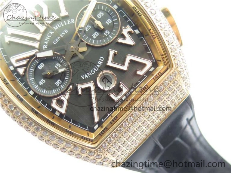 Vanguard V45 Chrono RG Pave Crystals Gold Inner Bezel ABF Best Edition Black Dial on Leather Strap A7750