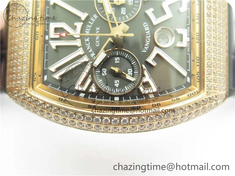Vanguard V45 Chrono RG Pave Crystals Gold Inner Bezel ABF Best Edition Black Dial on Leather Strap A7750