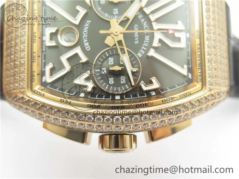 Vanguard V45 Chrono RG Pave Crystals Gold Inner Bezel ABF Best Edition Black Dial on Leather Strap A7750