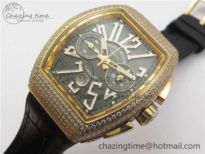 Vanguard V45 Chrono RG Pave Crystals Gold Inner Bezel ABF Best Edition Black Dial on Leather Strap A7750
