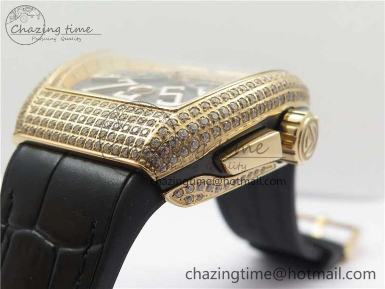 Vanguard V45 Chrono RG Pave Crystals Gold Inner Bezel ABF Best Edition Black Dial on Leather Strap A7750