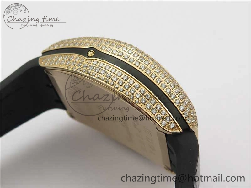 Vanguard V45 Chrono RG Pave Crystals Gold Inner Bezel ABF Best Edition Black Dial on Leather Strap A7750