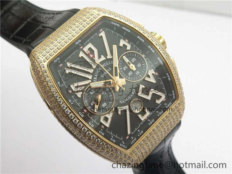 Vanguard V45 Chrono RG pave crystals ABF Best Edition Black Dial on Leather Strap A7750