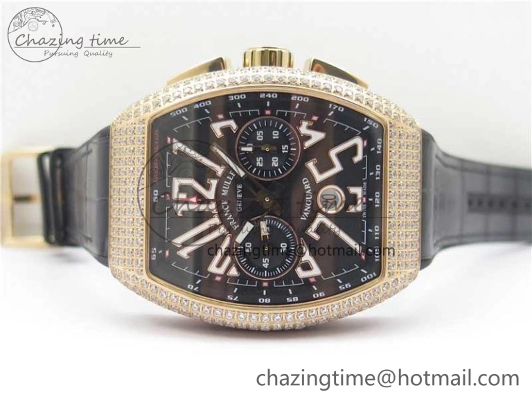 Vanguard V45 Chrono RG pave crystals ABF Best Edition Black Dial on Leather Strap A7750
