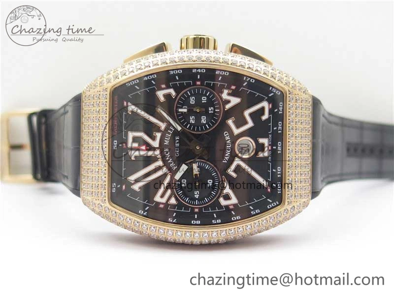 Vanguard V45 Chrono RG pave crystals ABF Best Edition Black Dial on Leather Strap A7750