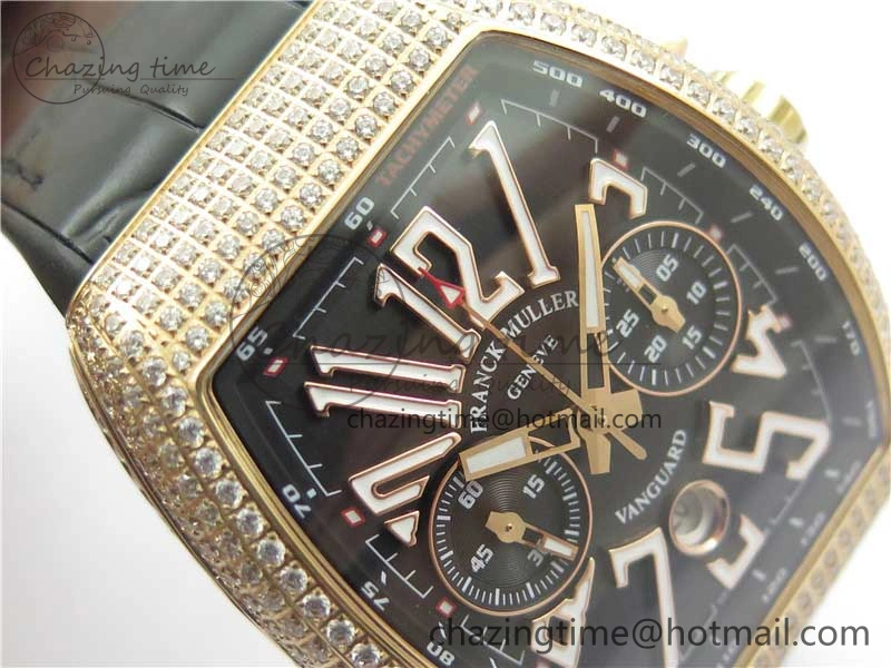 Vanguard V45 Chrono RG pave crystals ABF Best Edition Black Dial on Leather Strap A7750
