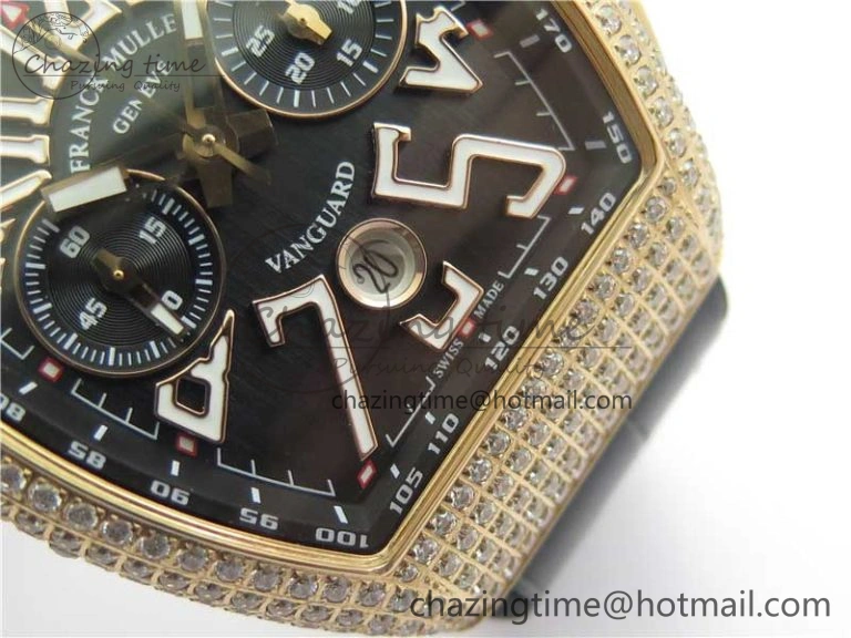 Vanguard V45 Chrono RG pave crystals ABF Best Edition Black Dial on Leather Strap A7750