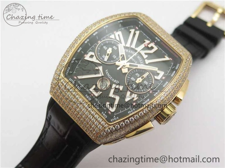 Vanguard V45 Chrono RG pave crystals ABF Best Edition Black Dial on Leather Strap A7750