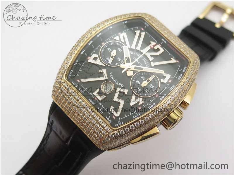 Vanguard V45 Chrono RG pave crystals ABF Best Edition Black Dial on Leather Strap A7750