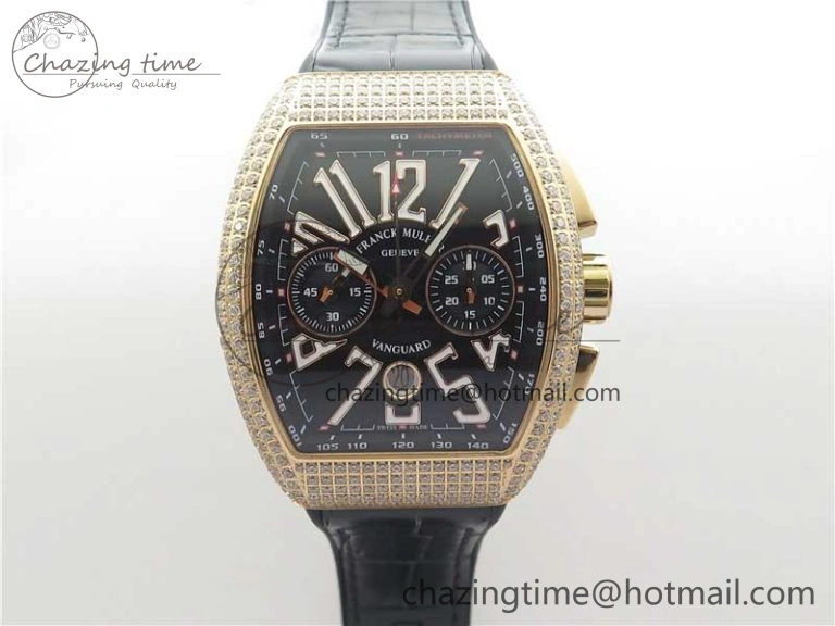 Vanguard V45 Chrono RG pave crystals ABF Best Edition Black Dial on Leather Strap A7750