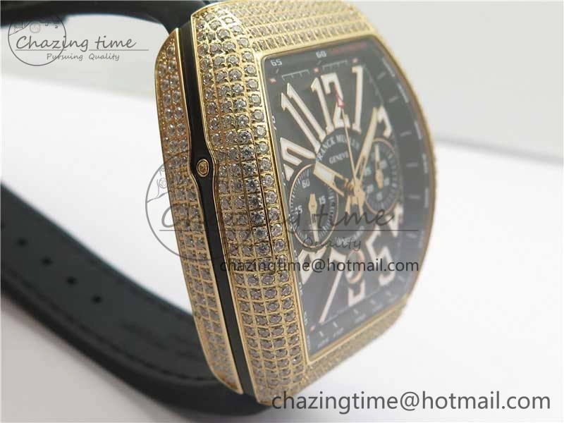 Vanguard V45 Chrono RG pave crystals ABF Best Edition Black Dial on Leather Strap A7750