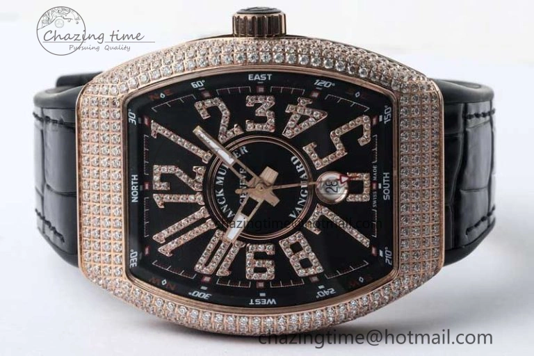 Vanguard V45 RG ABF Best Edition Full Diamonds Case Black Dial on Black Leather Strap A2824