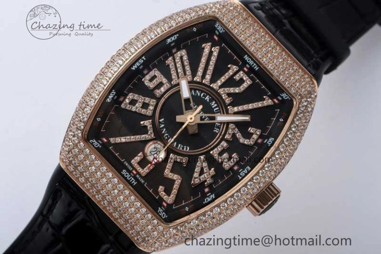 Vanguard V45 RG ABF Best Edition Full Diamonds Case Black Dial on Black Leather Strap A2824
