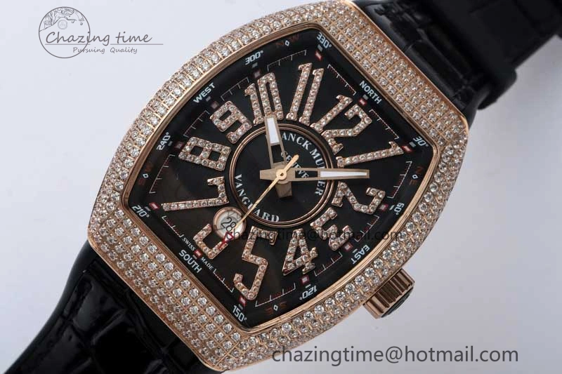 Vanguard V45 RG ABF Best Edition Full Diamonds Case Black Dial on Black Leather Strap A2824