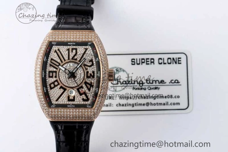 Vanguard V45 RG ABF Best Edition Full Diamonds Case Black Dial on Black Leather Strap A2824