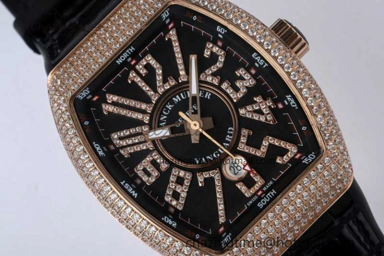 Vanguard V45 RG ABF Best Edition Full Diamonds Case Black Dial on Black Leather Strap A2824