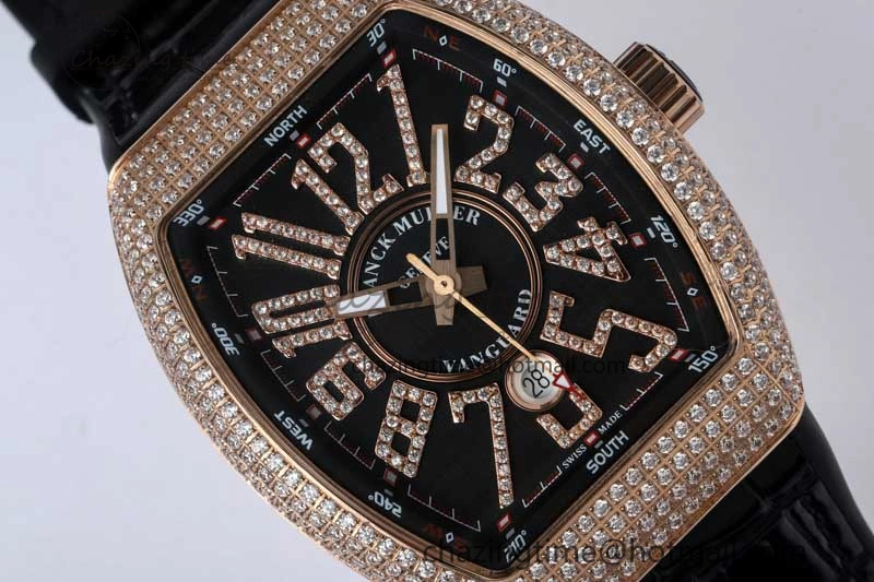 Vanguard V45 RG ABF Best Edition Full Diamonds Case Black Dial on Black Leather Strap A2824