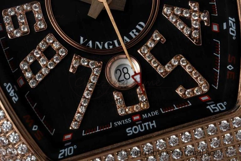 Vanguard V45 RG ABF Best Edition Full Diamonds Case Black Dial on Black Leather Strap A2824