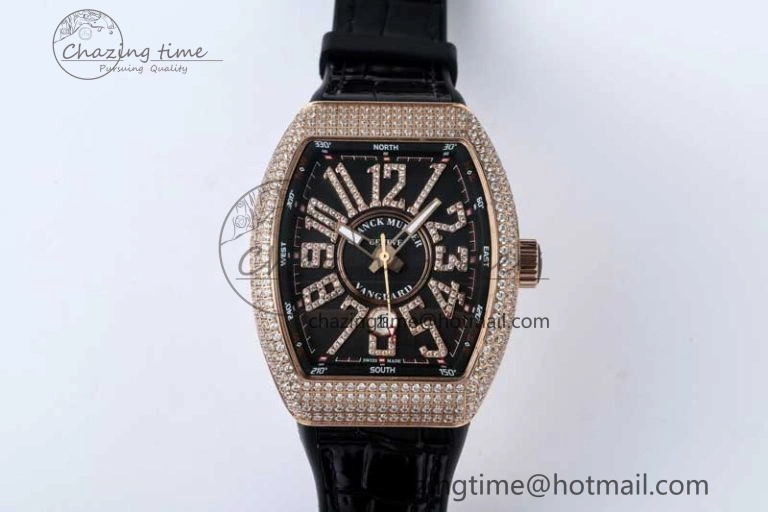 Vanguard V45 RG ABF Best Edition Full Diamonds Case Black Dial on Black Leather Strap A2824